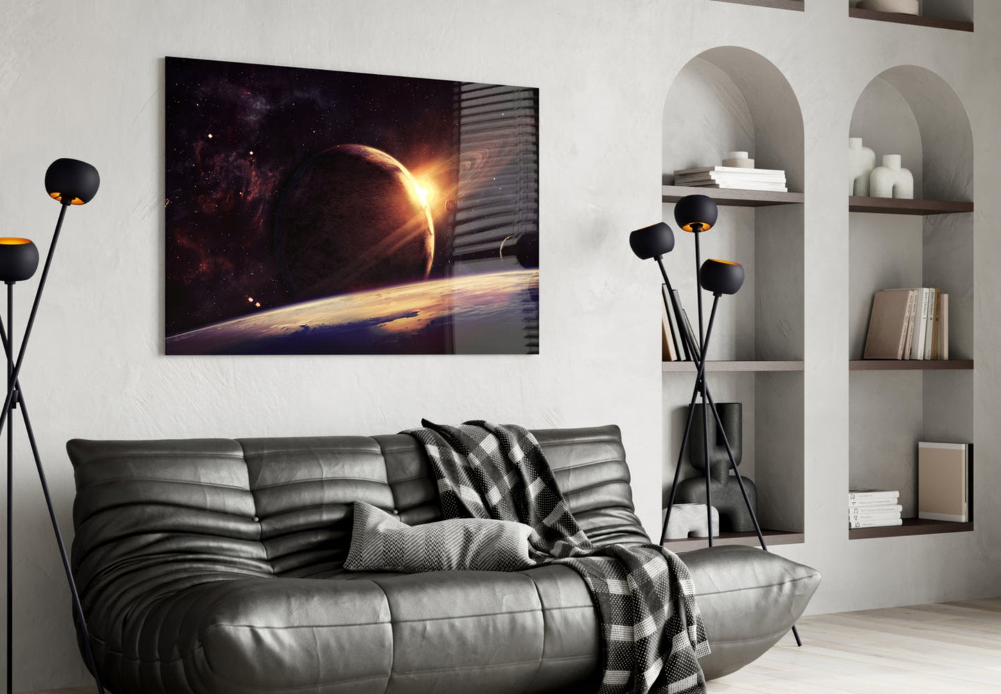 Ringed Planet Sunrise Glass Wall Art