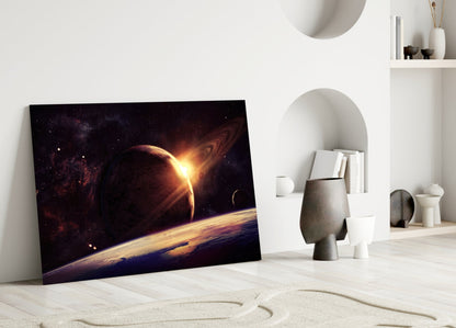 Ringed Planet Sunrise Glass Wall Art