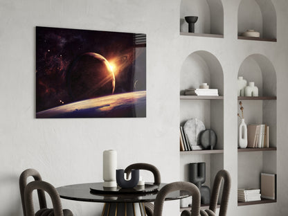 Ringed Planet Sunrise Glass Wall Art