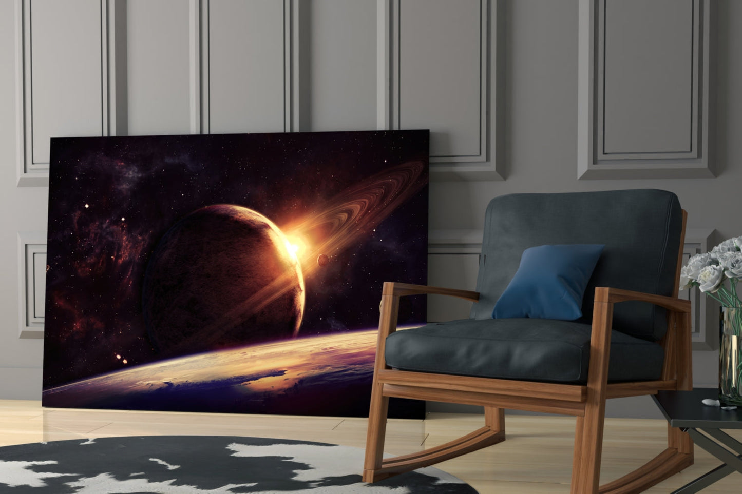 Ringed Planet Sunrise Glass Wall Art