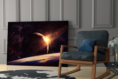 Ringed Planet Sunrise Glass Wall Art