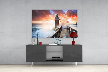 Lighthouse Pier Sunset Glass Wall Art