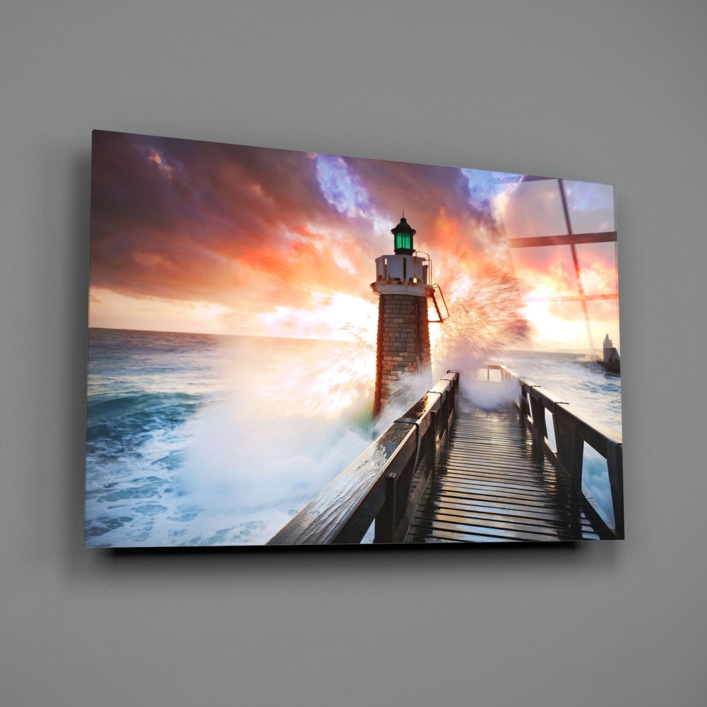 Lighthouse Pier Sunset Glass Wall Art