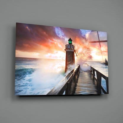 Lighthouse Pier Sunset Glass Wall Art