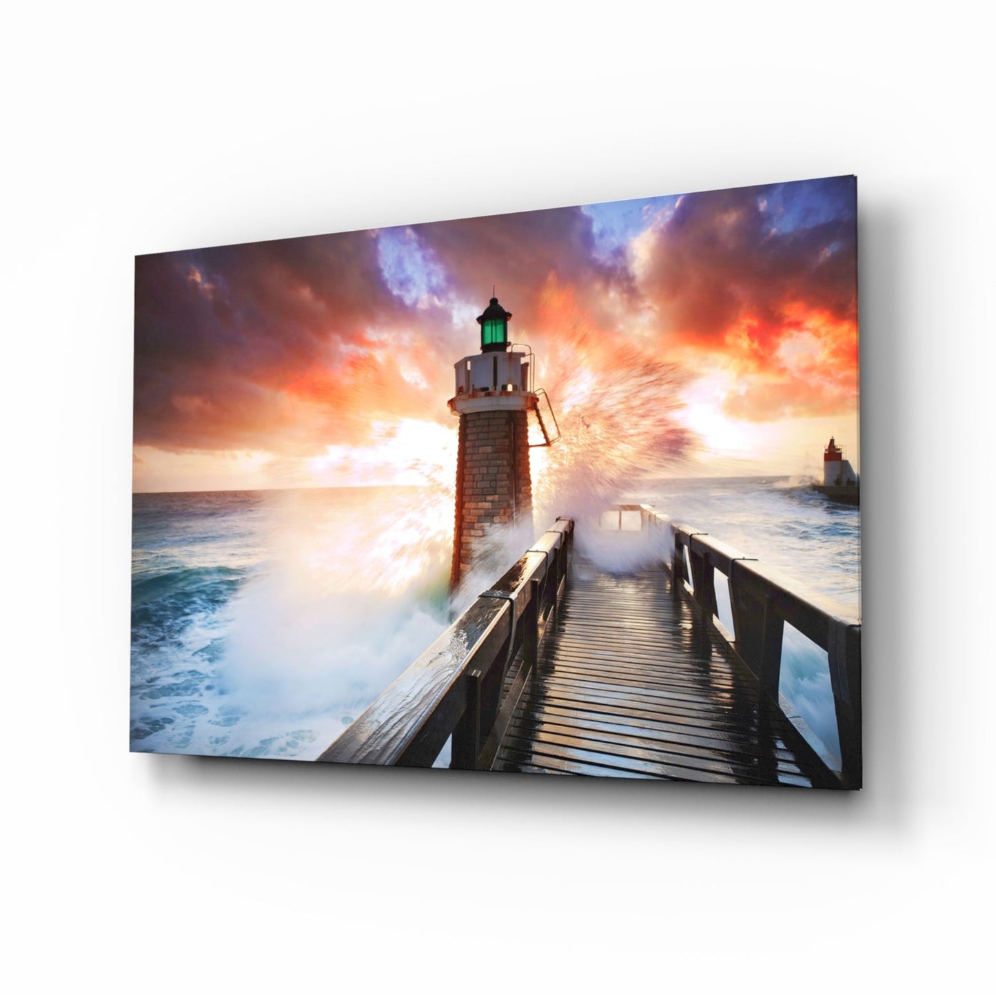 Lighthouse Pier Sunset Glass Wall Art