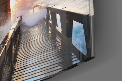 Lighthouse Pier Sunset Glass Wall Art