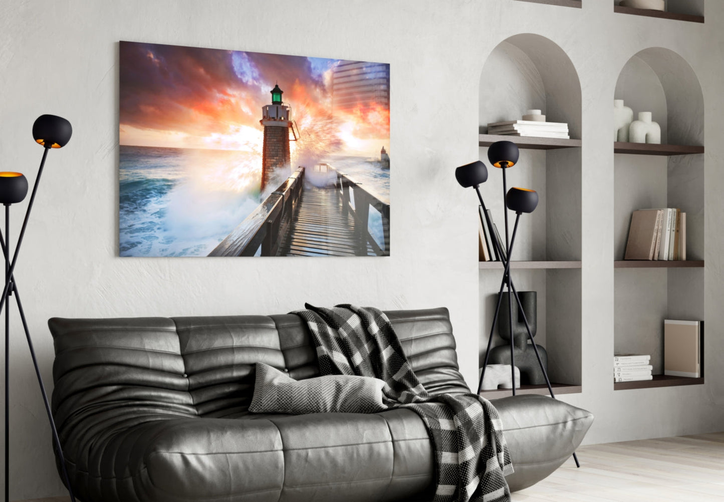 Lighthouse Pier Sunset Glass Wall Art