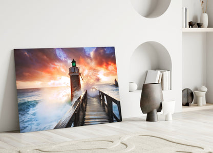 Lighthouse Pier Sunset Glass Wall Art
