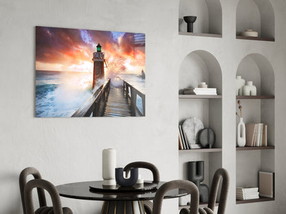 Lighthouse Pier Sunset Glass Wall Art
