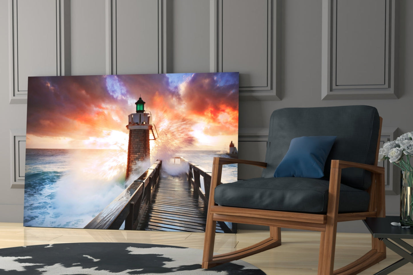 Lighthouse Pier Sunset Glass Wall Art