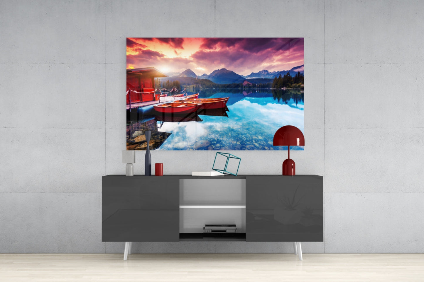 Crimson Sunset Mountain Lake Glass Wall Art