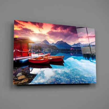 Crimson Sunset Mountain Lake Glass Wall Art