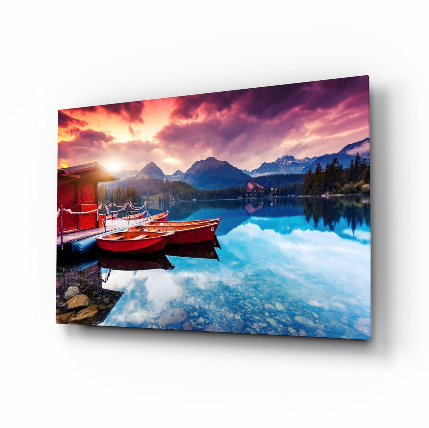 Crimson Sunset Mountain Lake Glass Wall Art