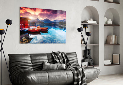 Crimson Sunset Mountain Lake Glass Wall Art
