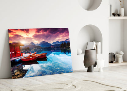 Crimson Sunset Mountain Lake Glass Wall Art