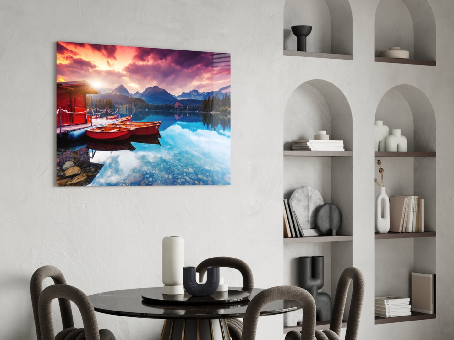 Crimson Sunset Mountain Lake Glass Wall Art