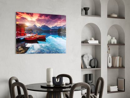 Crimson Sunset Mountain Lake Glass Wall Art