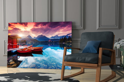 Crimson Sunset Mountain Lake Glass Wall Art