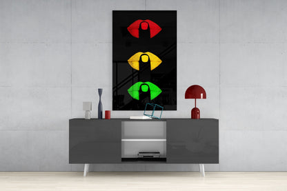 Traffic Light Lips on Black Glass Wall Art