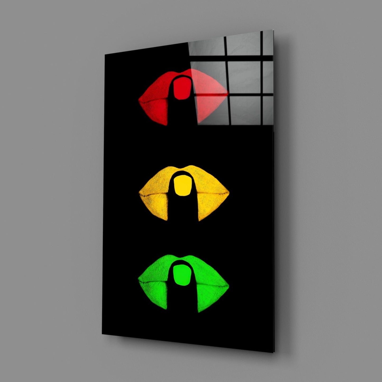 Traffic Light Lips on Black Glass Wall Art