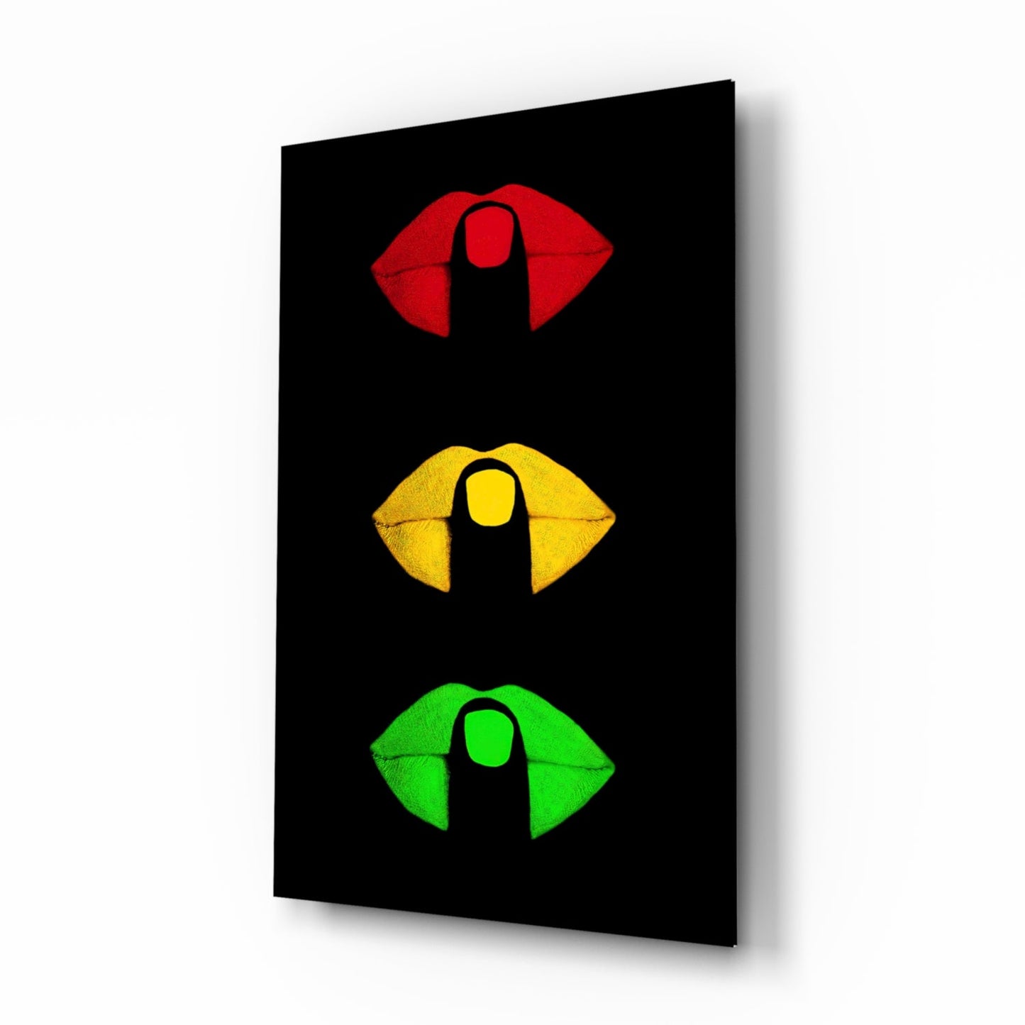 Traffic Light Lips on Black Glass Wall Art