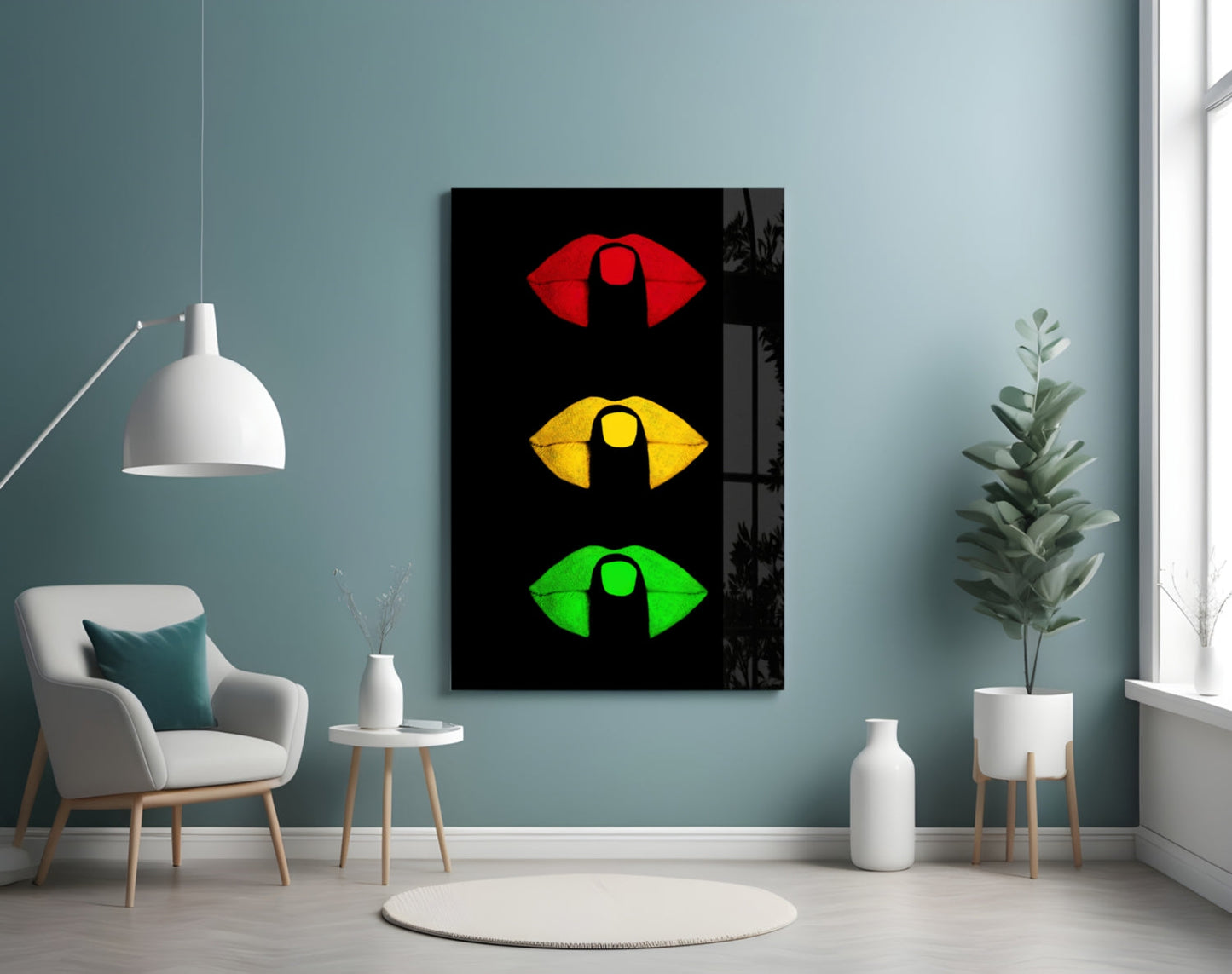 Traffic Light Lips on Black Glass Wall Art