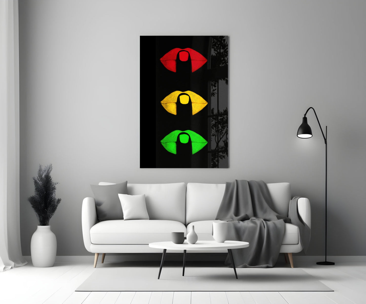Traffic Light Lips on Black Glass Wall Art