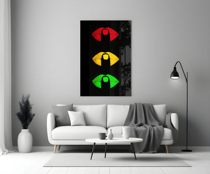 Traffic Light Lips on Black Glass Wall Art
