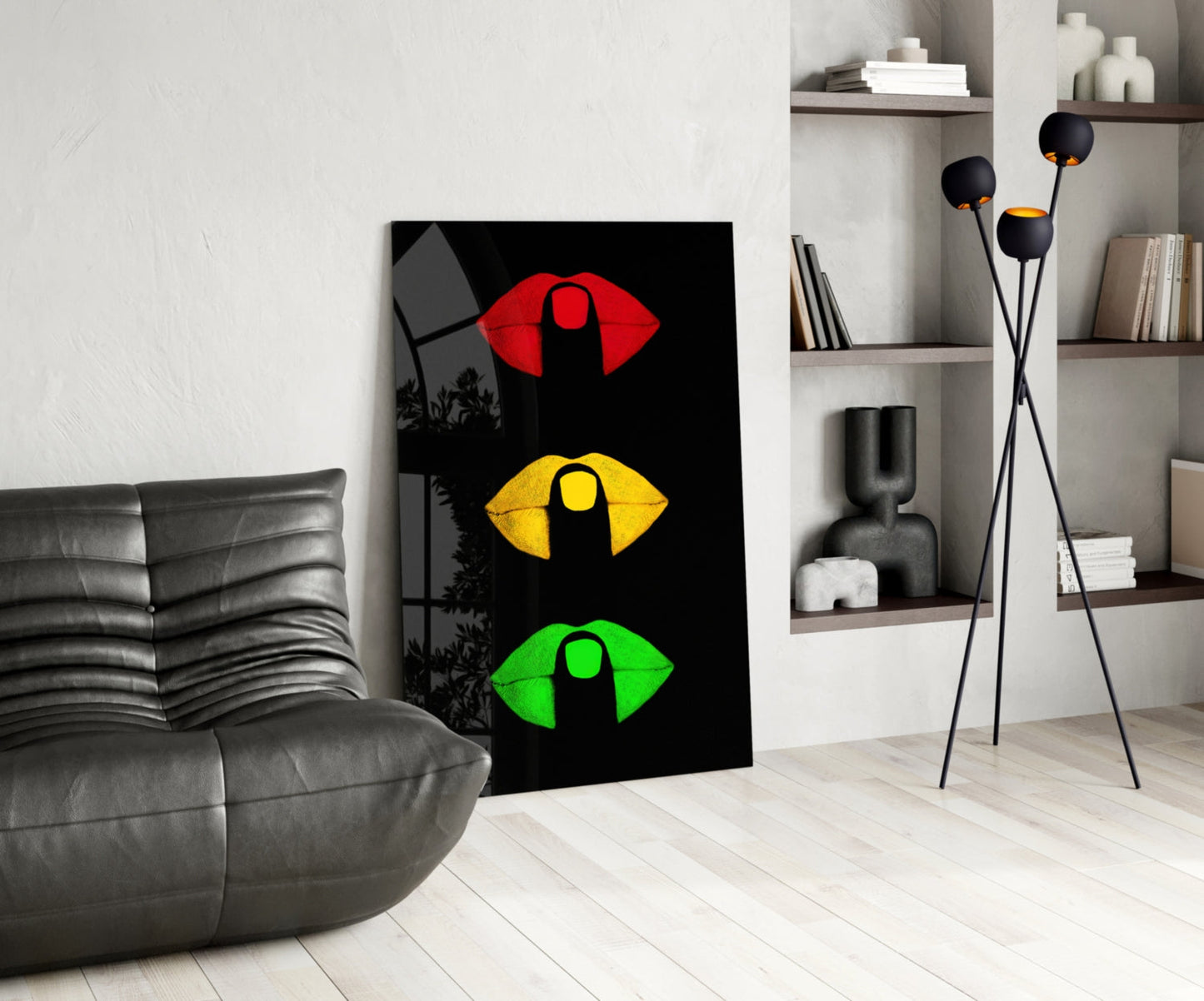 Traffic Light Lips on Black Glass Wall Art
