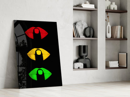 Traffic Light Lips on Black Glass Wall Art