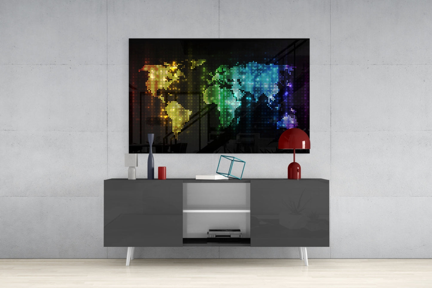 Neon Pixel World Map Glass Wall Art