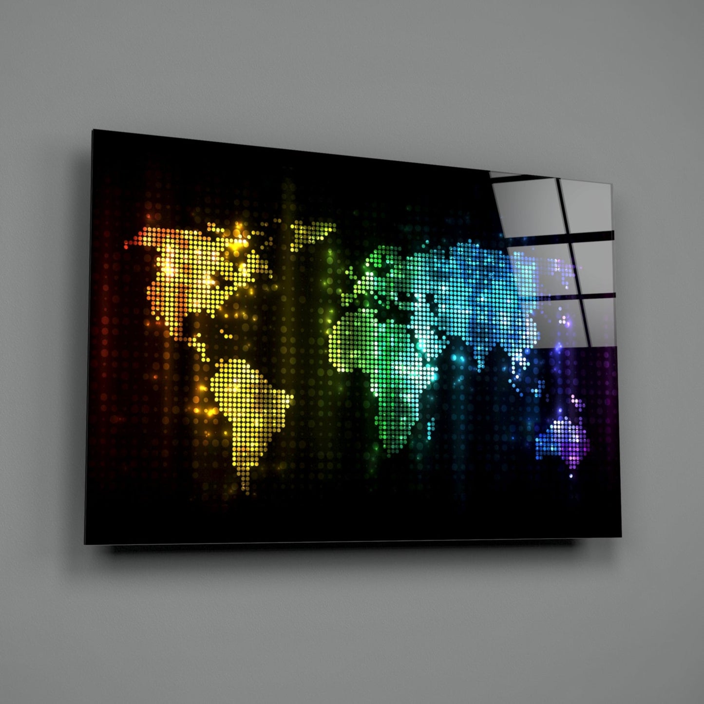 Neon Pixel World Map Glass Wall Art