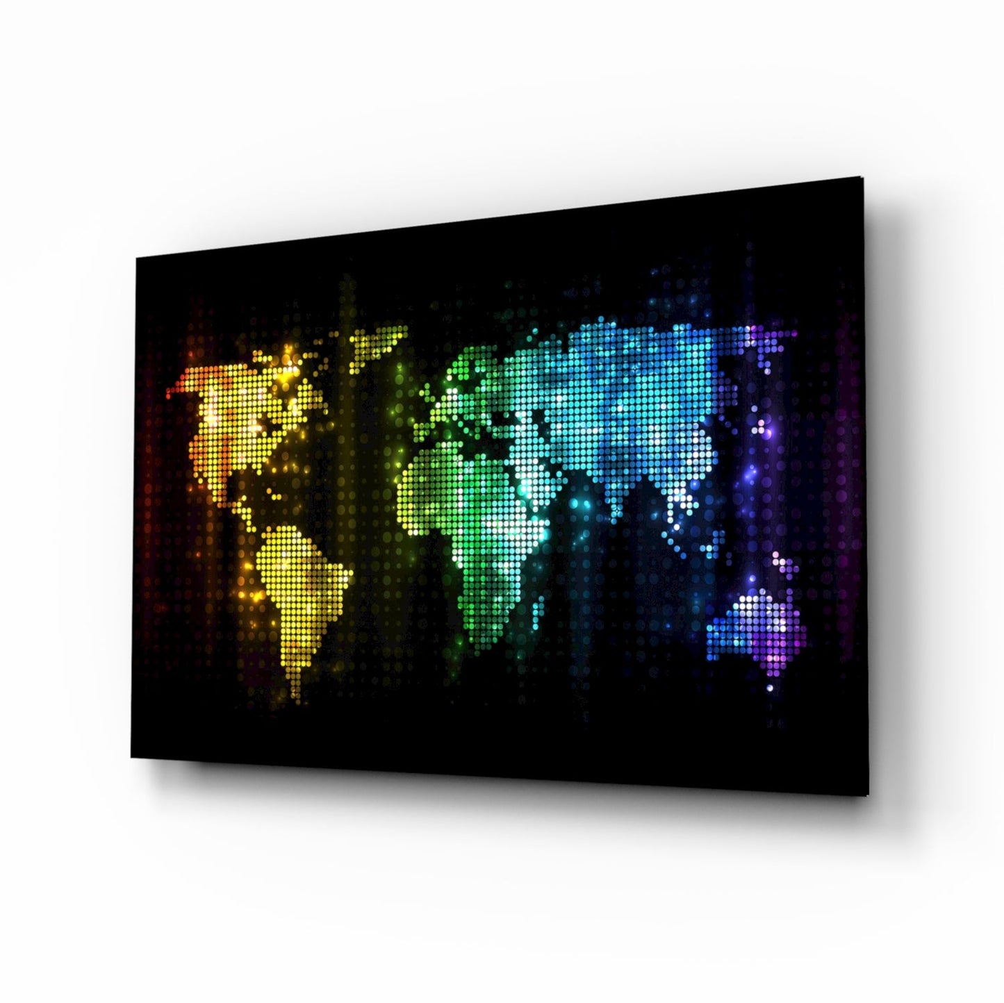 Neon Pixel World Map Glass Wall Art