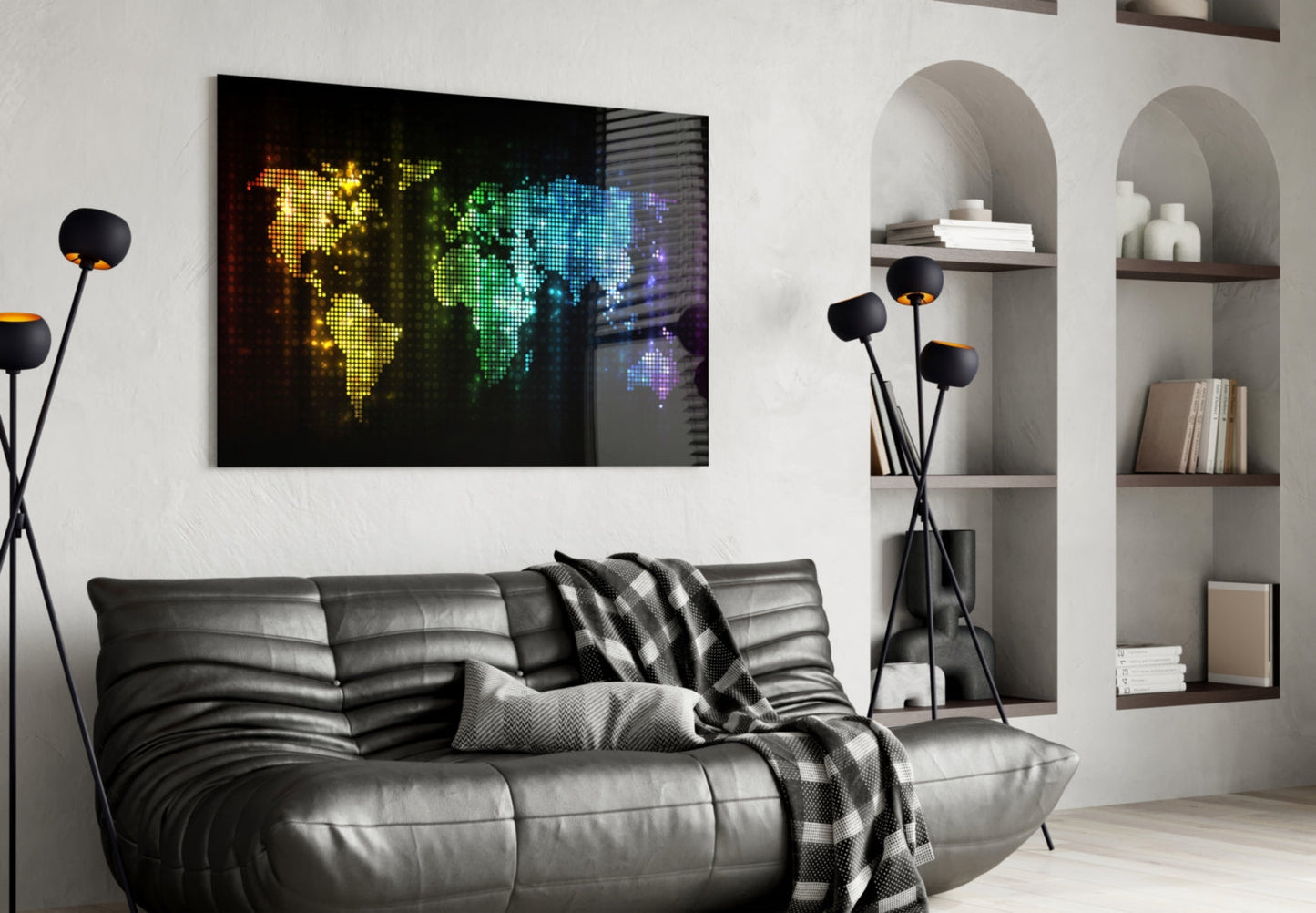 Neon Pixel World Map Glass Wall Art