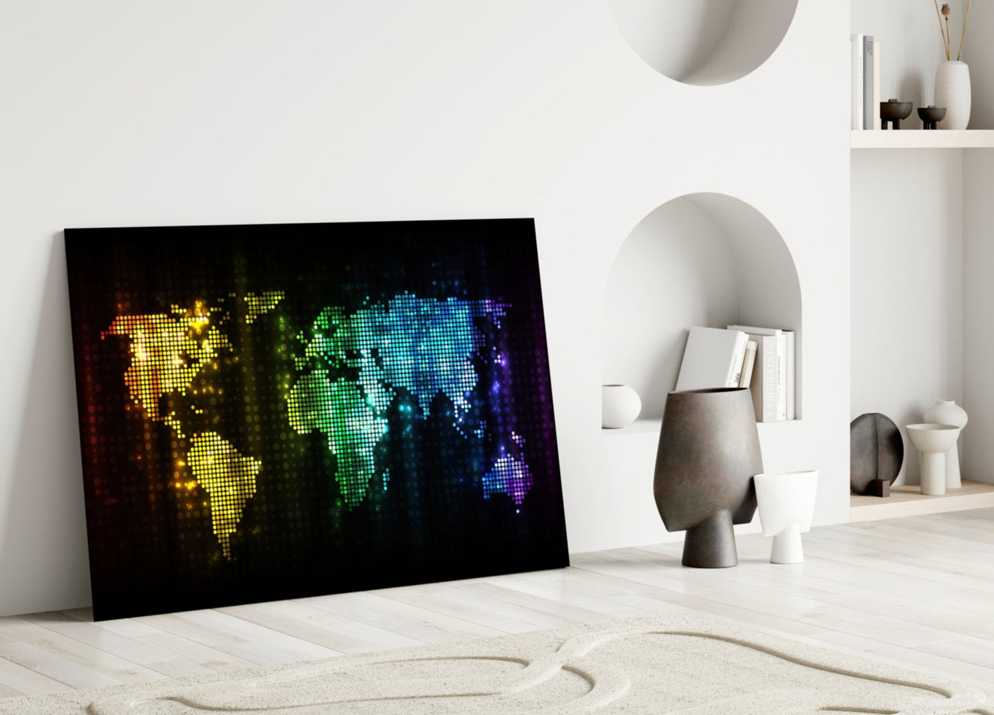 Neon Pixel World Map Glass Wall Art