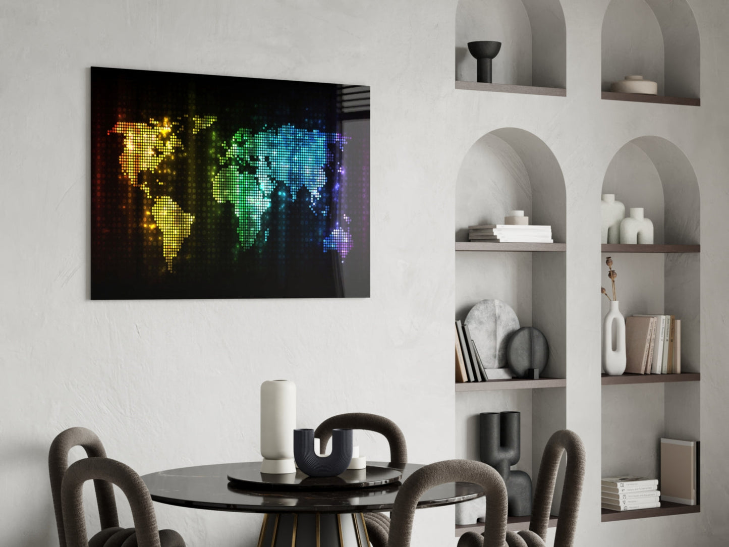 Neon Pixel World Map Glass Wall Art