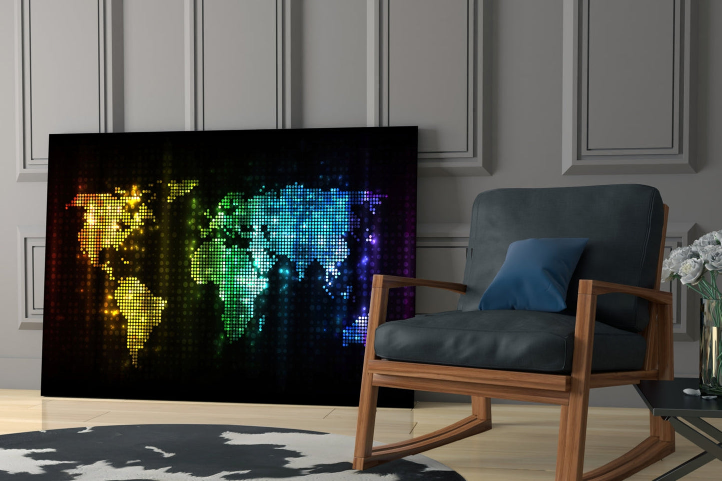 Neon Pixel World Map Glass Wall Art