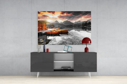 Sunrise Boats Mountain Lake Glass Wall Art