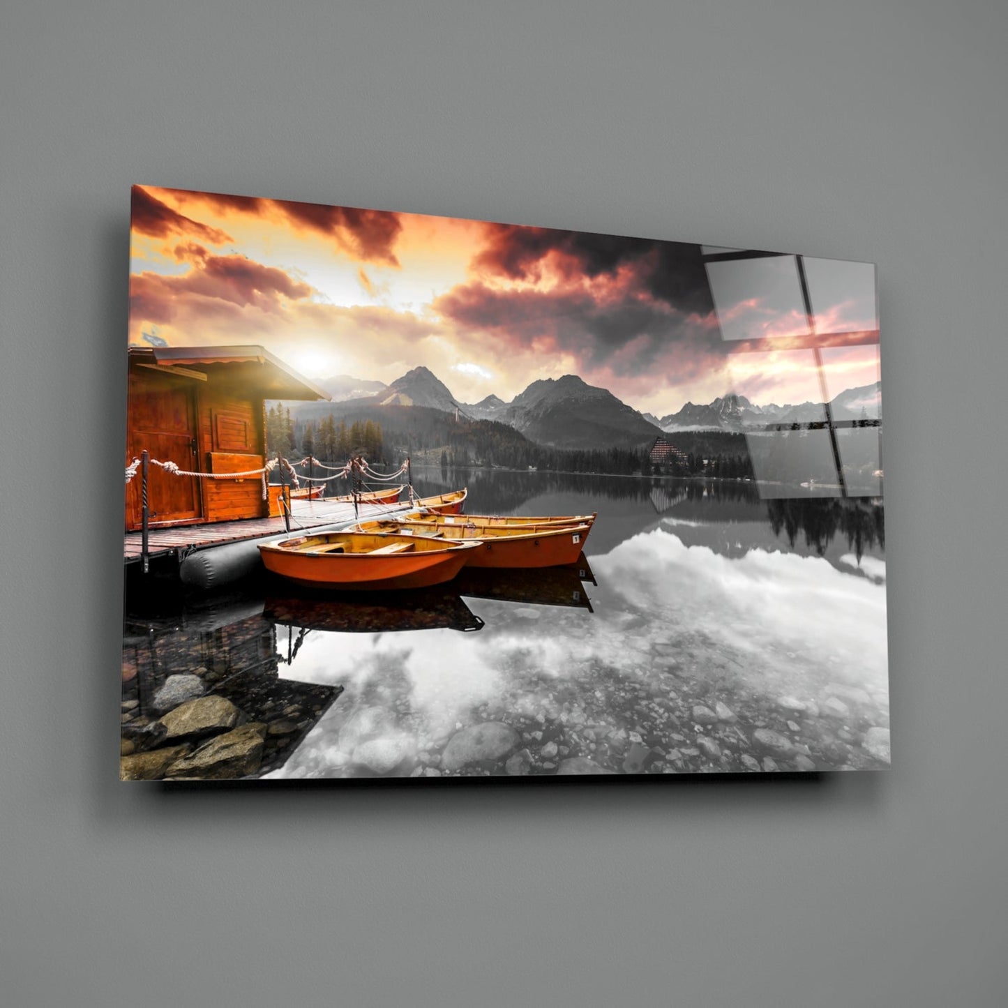 Sunrise Boats Mountain Lake Glass Wall Art