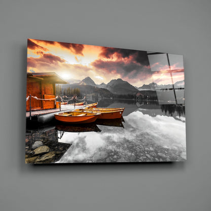 Sunrise Boats Mountain Lake Glass Wall Art