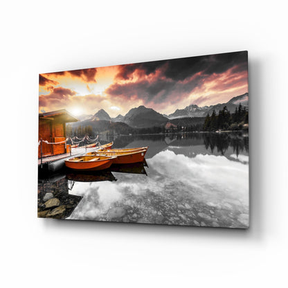 Sunrise Boats Mountain Lake Glass Wall Art