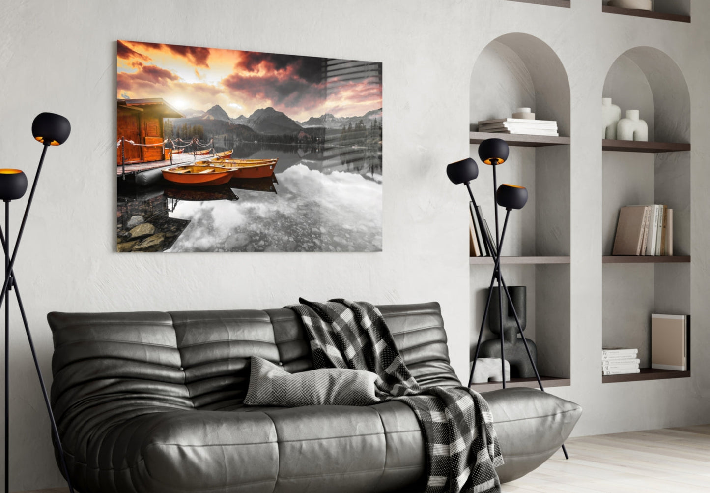 Sunrise Boats Mountain Lake Glass Wall Art