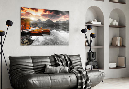 Sunrise Boats Mountain Lake Glass Wall Art