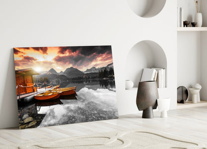 Sunrise Boats Mountain Lake Glass Wall Art