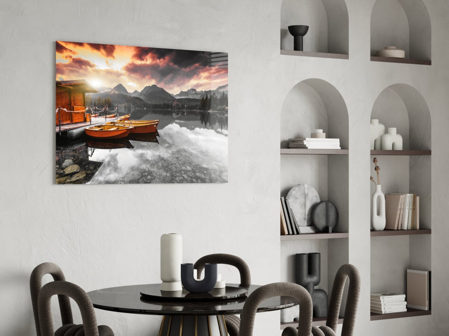 Sunrise Boats Mountain Lake Glass Wall Art