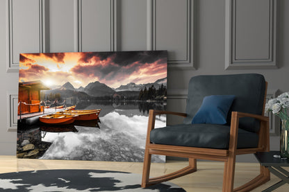 Sunrise Boats Mountain Lake Glass Wall Art
