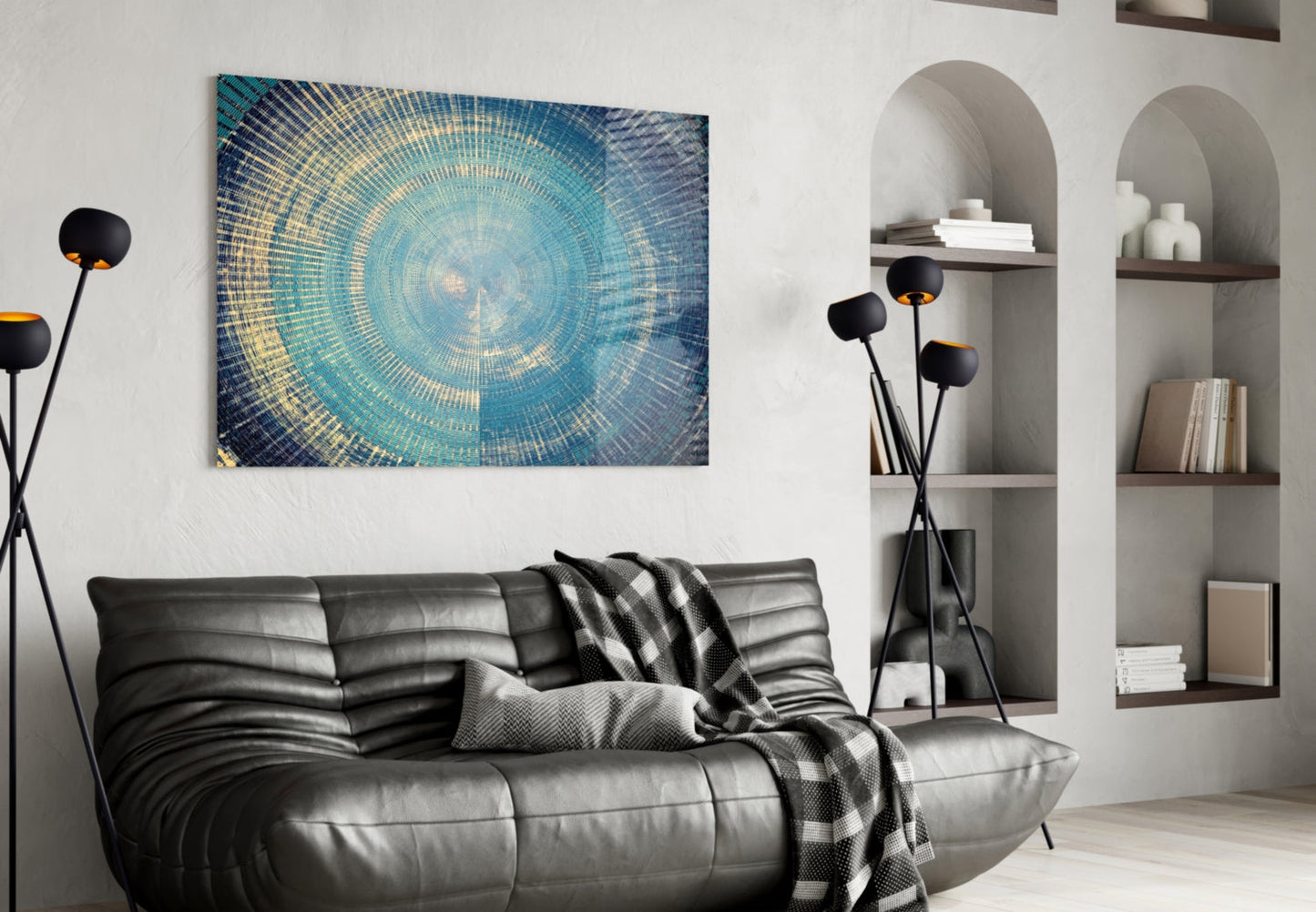Blue Gold Radial Rings Glass Wall Art
