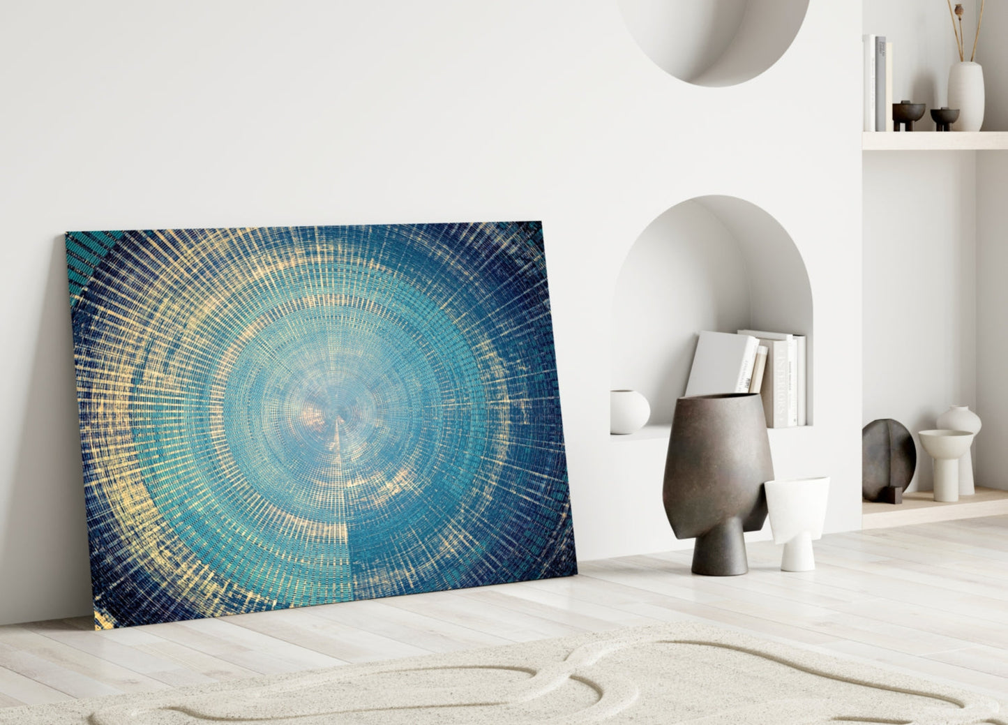 Blue Gold Radial Rings Glass Wall Art