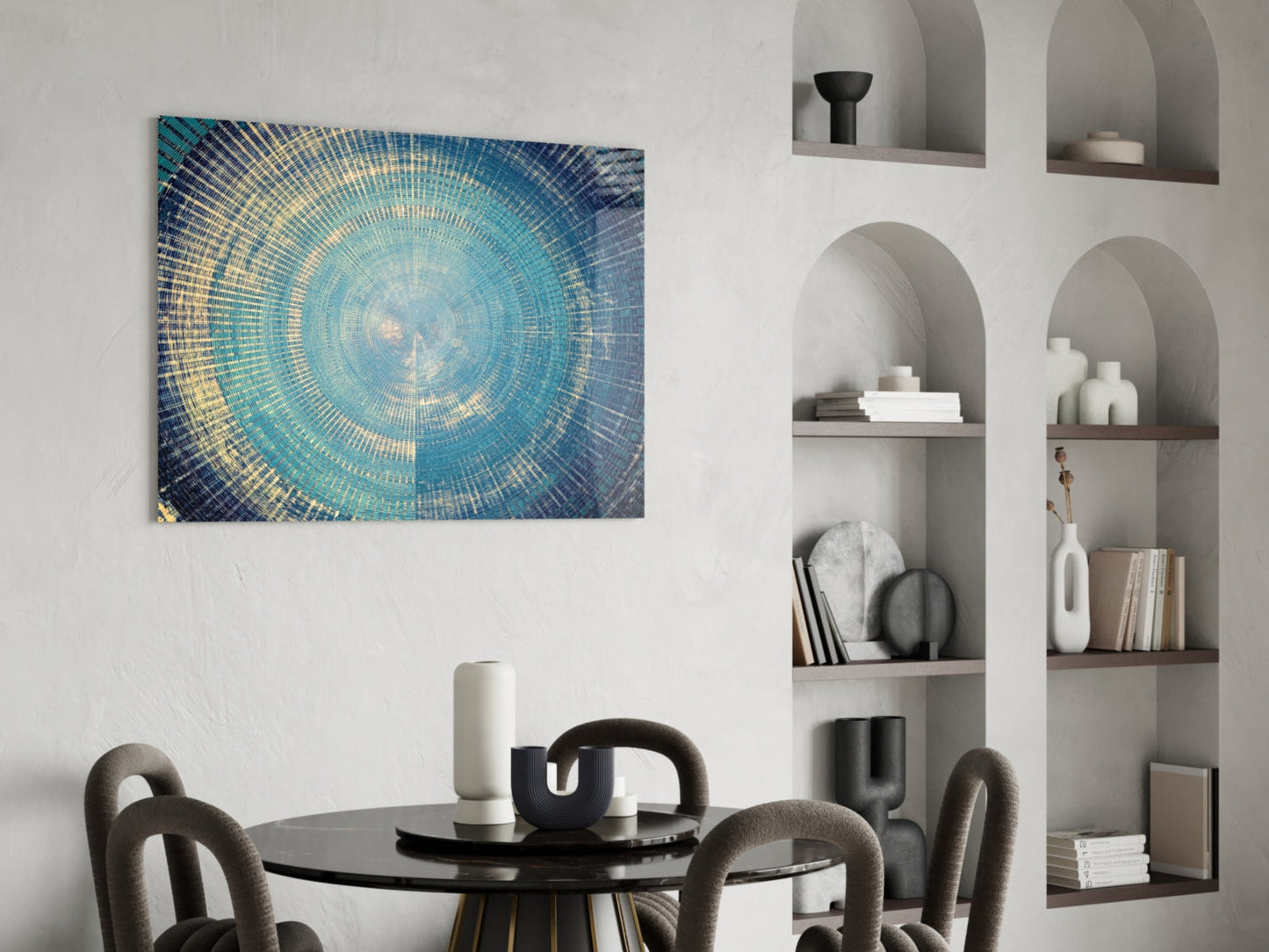 Blue Gold Radial Rings Glass Wall Art
