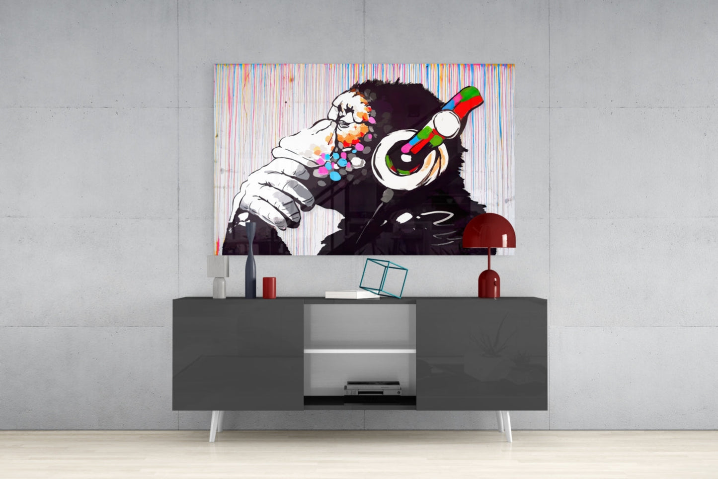 Ape With Headphones Glass Wall Art